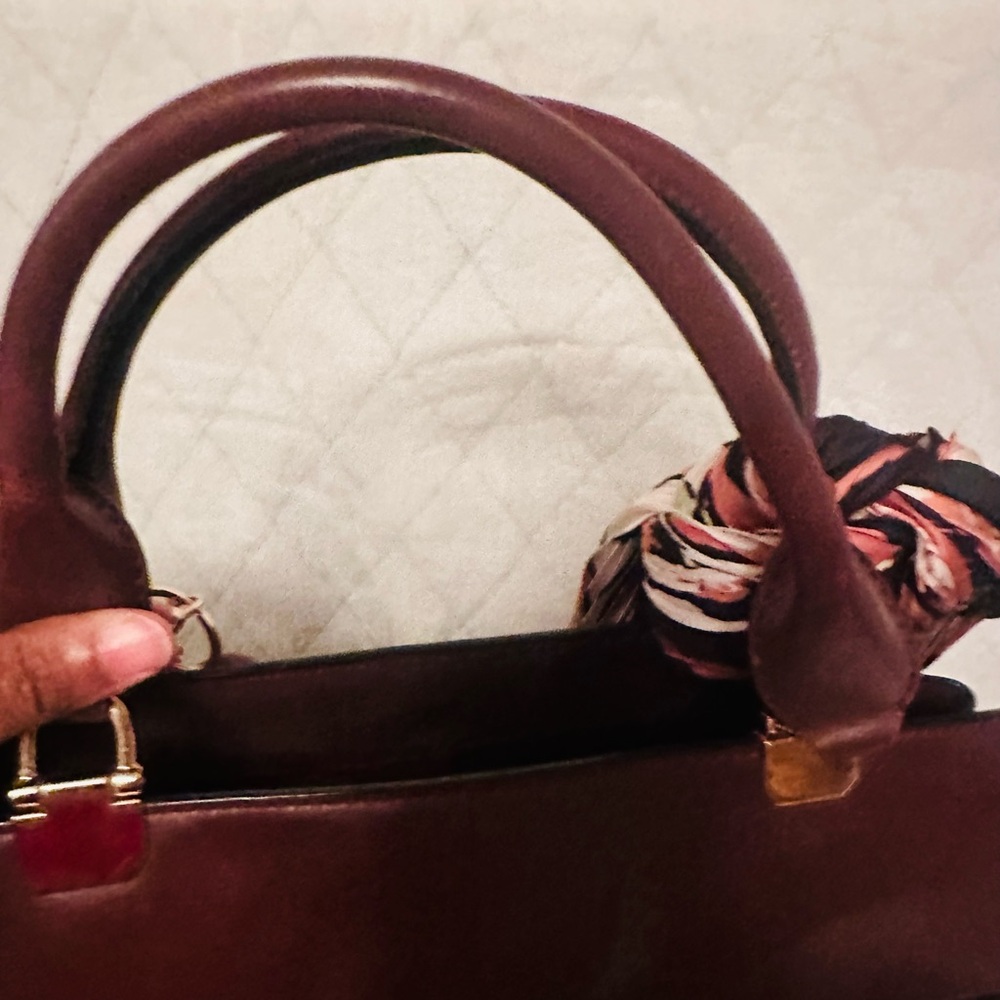 Coach Burgundy Leather Satchel with Cherry Charm and Floral Scarf - Picture 6 of 12